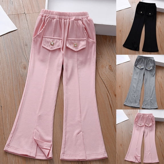 WRKEKC Girls Pants Flare Leg Mid Waist Button Pocket Elastic Waist Stretchy Comfy Everyday Trousers for Girls 3-12 Years Fall Winter Casual Wear