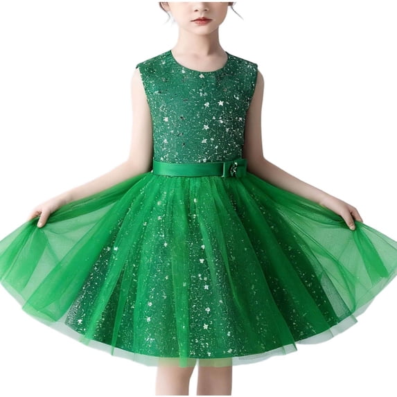 WRKEKC Girls Princess Dress Party Sleeveless Round Neck Solid Color Sequin Detail Soft Breathable Comfortable Cotton 4-15 Years