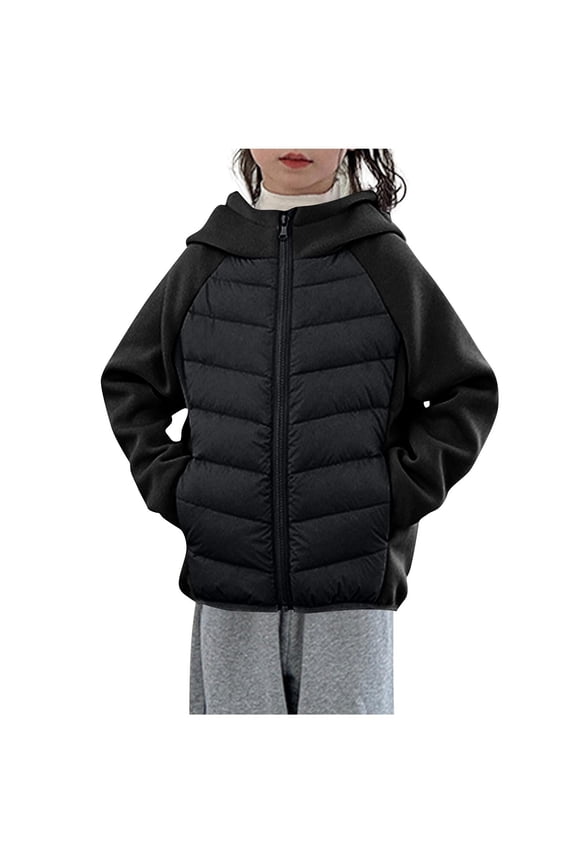 Girls Puffer Jacket Color Block Raglan Sleeve Hooded Full Zip Light Padded Long Sleeve Side Pocket Warm Outer Tops for 4-16 Years