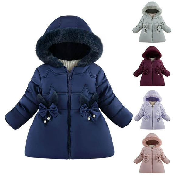 WRKEKC Girls Puffer Jacket Faux Fur Hooded Drawstring Waist with Pocket for Girls 3-8 Years Warm Cozy Winter Outerwear Jackets