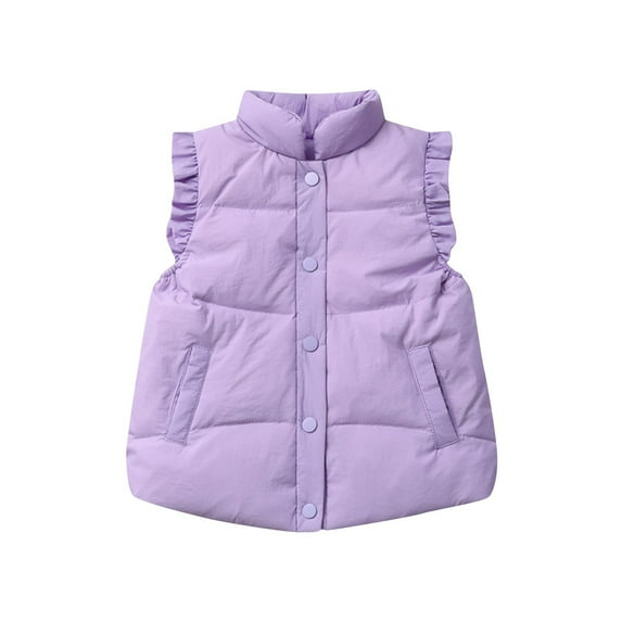 WRKEKC Girls Puffer Vest Solid Color Ruffled Trim Button Front Sleeveless Warm Outerwear Casual Jacket for 2-10 Years Girls Fall and Winter