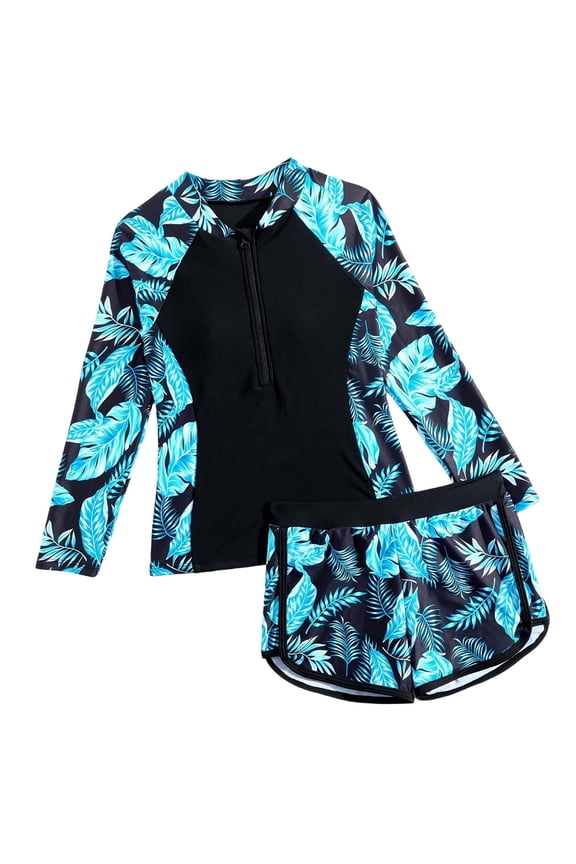 Girls Rash Guard Set 2 Piece Long Sleeve Zip Top and Shorts Surfing Sun Protection 7-14 Years