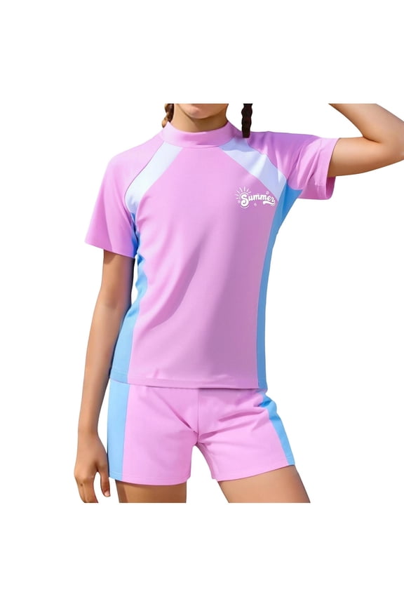 Girls Rash Guard Set 2 Piece Short Sleeve Top and Shorts Modest Surfing Swimwear 3-16 Years