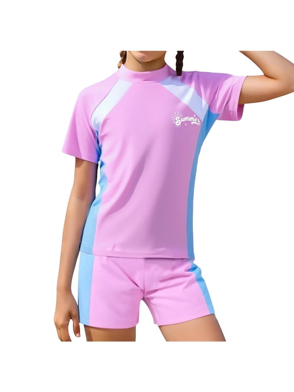Girls Rash Guard Set 2 Piece Short Sleeve Top and Shorts Modest Surfing Swimwear 3-16 Years