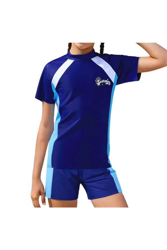 Girls Rash Guard Set 2 Piece Short Sleeve Top and Shorts Modest Surfing Swimwear 3-16 Years