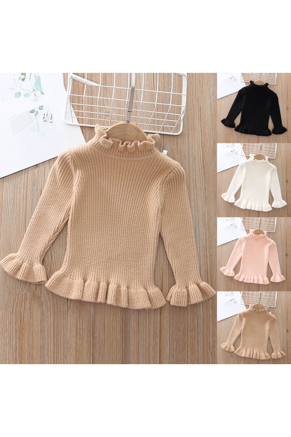 Girls Ruffled Turtleneck Solid Color Knit Sweater Long Sleeve Soft Thick Warm Cozy Pullover for 3-8 Years Toddlers Fall Winter Stylish Casual Daily Outwear