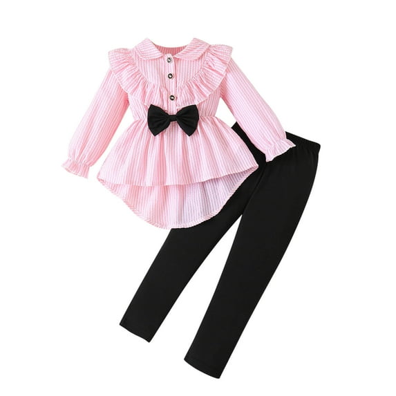 WRKEKC Girls Spring Summer Outfits Long Sleeve Collared Smocked Waist Top and Loose Pants 2 Piece Set for Girls 2 - 7 Years