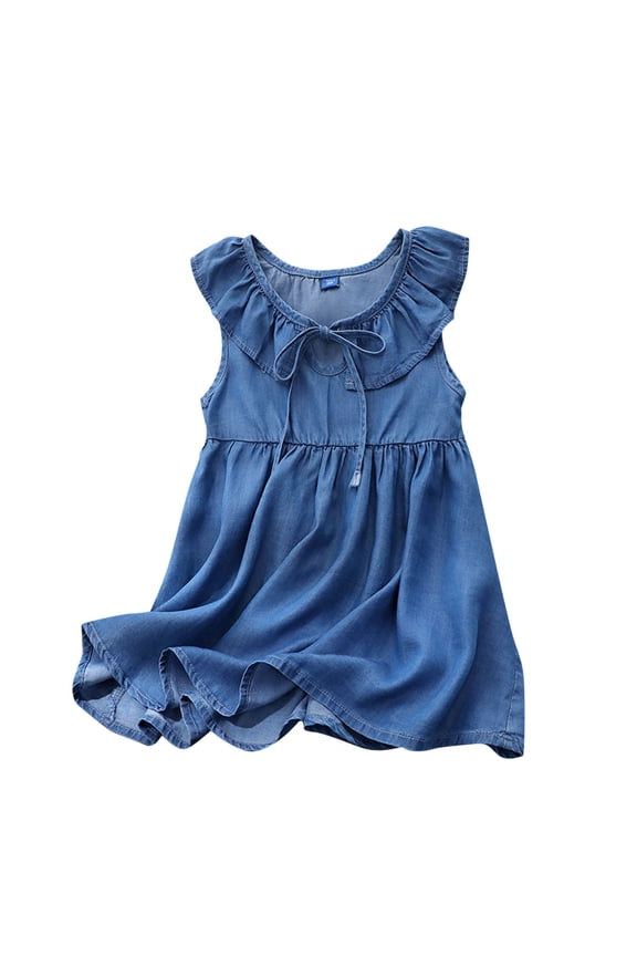 Girls Summer Denim Dress Sleeveless Round Neck Dress with Ruffled Collar Breathable Soft Denim Fabric for 3-10 Years Kids