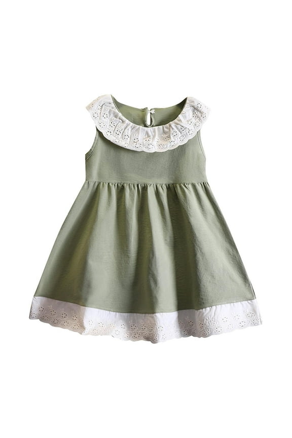 Girls Dresses Summer Sleeveless Lace Peter Pan Collar Dress Solid Color with Eyelet Trim Flared Skirt for 0-10 Years Toddlers