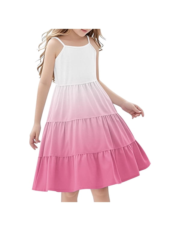Girls Summer Dress Spaghetti Strap Gradient Color Block Tiered Ruffle Hem Bohemian Sundress for Girls 4-14 Years