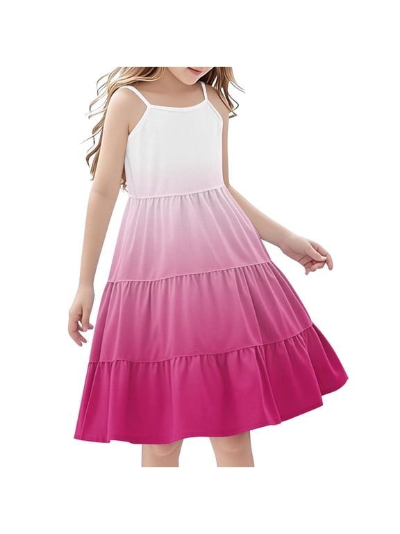 Girls Summer Dress Spaghetti Strap Gradient Color Block Tiered Ruffle Hem Bohemian Sundress for Girls 4-14 Years