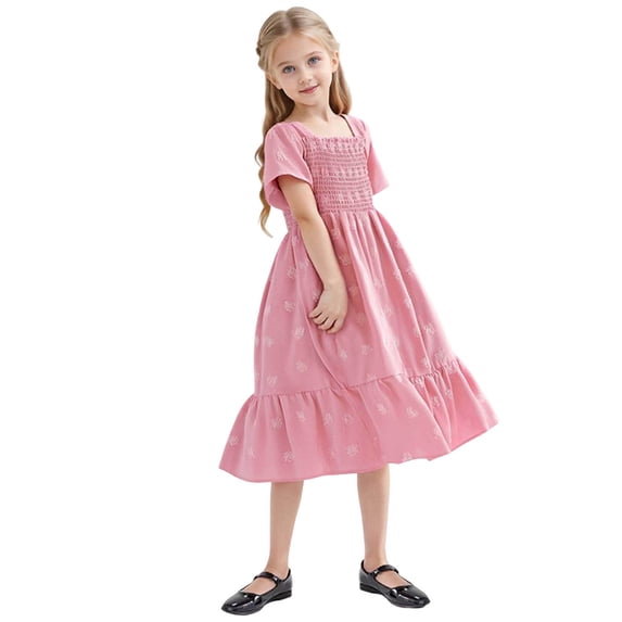 WRKEKC Girls Summer Dress Square Neck Smocked Backless Midi Dress with Ruffle Hem Casual Solid Color for Girls 2-13 Years