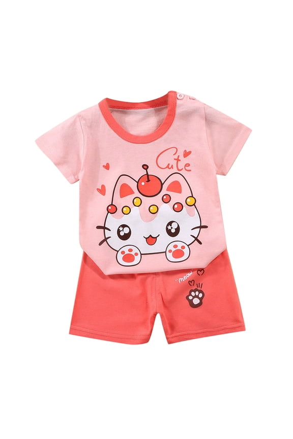 Girls Summer Outfits 2-Piece Cute Cartoon Print Short Sleeve Top Shorts Soft Casual Style for Girls 6 Months-6 Years