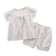 thumbnail image 1 of WRKEKC Girls Summer Outfits 2-Piece Floral Print Short Sleeve Top with Bowknot Shorts Soft Gauze Pajama Set 6 Months-6 Years, 1 of 5