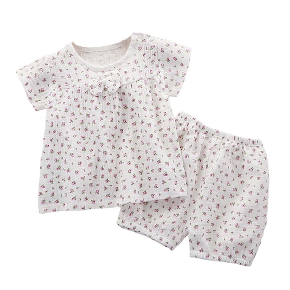WRKEKC Girls Summer Outfits 2-Piece Floral Print Short Sleeve Top with Bowknot Shorts Soft Gauze Pajama Set 6 Months-6 Years