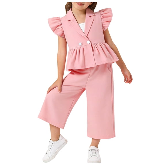 WRKEKC Girls Summer Outfits 3-Piece Solid Color Set V-Neck Ruffle Sleeve Blazer & Straight Pants Soft Fabric Casual Dressy Style for Girls 2-8 Years