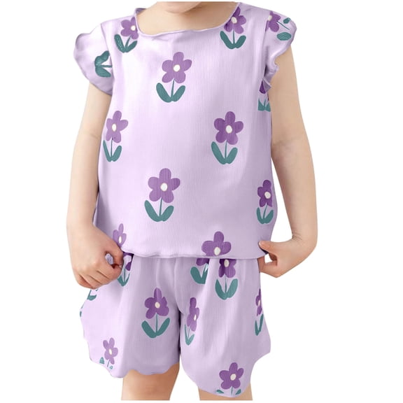 WRKEKC Girls Summer Outfits, Baby Girl Outfits, Girls' Summer Flower Print Short Sleeve Round-Neck Blouses Breathable Outfits