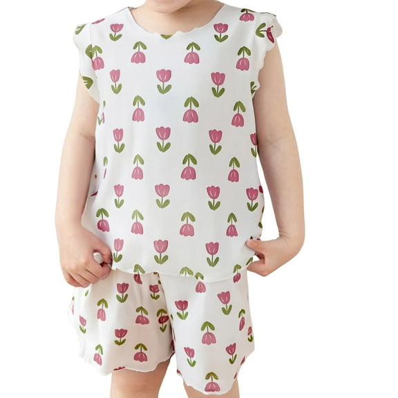 WRKEKC Girls Summer Outfits, Baby Girl Outfits, Girls' Summer Flower Print Short Sleeve Round-Neck Blouses Breathable Outfits
