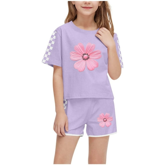 WRKEKC Girls Summer Outfits, Casual Sets for Little Girls, Trendy Girls' Casual Short Sleeve Round Neck Collar Botton Printed Short Pants Sets