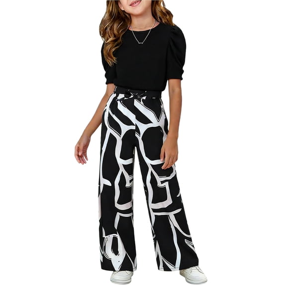 WRKEKC Girls Summer Outfits Cross Strap Puff Sleeve Crop Top Print Flare Pants Casual Two Piece Set 3-10 Years