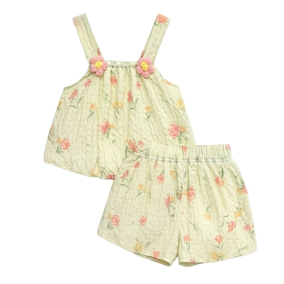 WRKEKC Girls Summer Outfits Floral Print Round Neck Sleeveless Cami Top and Blouson Shorts Set for 0-10 Years