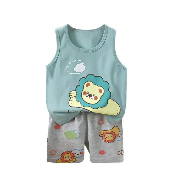 WRKEKC Girls Summer Outfits, Girls 2 Piece Casual Outfits, Boys' and Girls' Trendy Casual Sleeveless Round Neck Collar Botton Print Short Pants Outfits