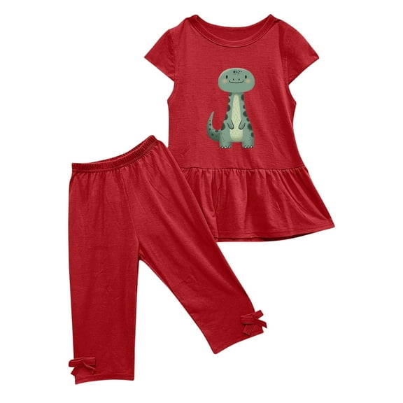 WRKEKC Girls Summer Outfits, Girls 2 Piece Casual Outfits, Girl's Summer Round Neck Print Sleeveless Ruffle Sleeve Elastic Waist Cropped Pants Two-Piece Set