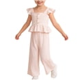 thumbnail image 1 of WRKEKC Girls Summer Outfits Knit Camisole Top Pants Striped Flutter Sleeve Casual Daily Two Piece Soft Cotton 2-7 Years, 1 of 8
