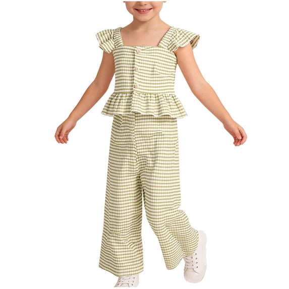 WRKEKC Girls Summer Outfits Knit Camisole Top Pants Striped Flutter Sleeve Casual Daily Two Piece Soft Cotton 2-7 Years
