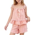thumbnail image 1 of WRKEKC Girls Summer Outfits Plaid Halter Bow Tie Strapless Sleeveless Crop Top and Shorts Set for 0-10 Years, 1 of 7