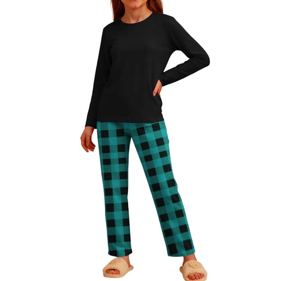 WRKEKC Girls Summer Outfits Plaid Long Sleeve Pants Two Piece Set Casual Daily Soft Cotton Comfortable 3-12 Years