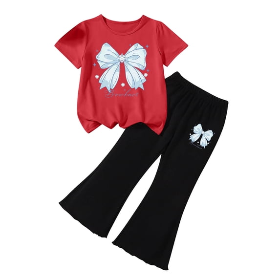WRKEKC Girls Summer Outfits Printed Bow Round Neck Sweatshirt and Elastic Waist Long Pants Set for 2-7 Years