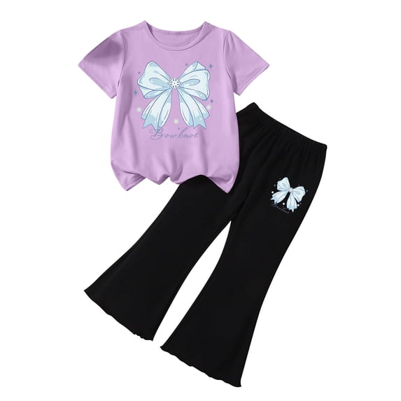 WRKEKC Girls Summer Outfits Printed Bow Round Neck Sweatshirt and Elastic Waist Long Pants Set for 2-7 Years