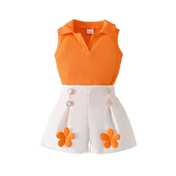 WRKEKC Girls Summer Outfits Sleeveless V-Neck Solid Color Knit Top and Embroidered Shorts Set for 6 Months-4 Years