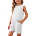thumbnail image 1 of WRKEKC Girls Summer Outfits Solid Bubble Ruffle Trim Round Neck Sleeveless Top and Shorts Set for 4-15 Years, 1 of 9