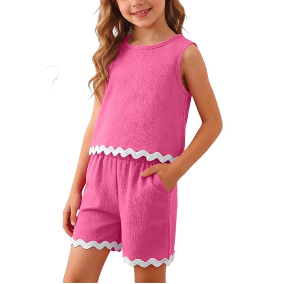 WRKEKC Girls Summer Outfits Solid Bubble Ruffle Trim Round Neck Sleeveless Top and Shorts Set for 4-15 Years