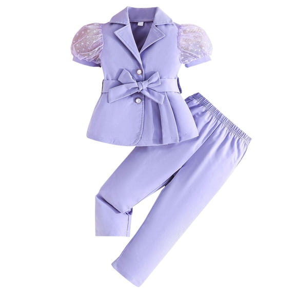 WRKEKC Girls Summer Outfits Solid Color Short Sleeve Mesh Blazer Jacket Elastic Waist Pants Set Casual for Kids 2-9 Years