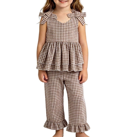 WRKEKC Girls Summer Outfits Solid Plaid Bow Halter Sleeveless Top and Wide Leg Pants Set for 0-5 Years