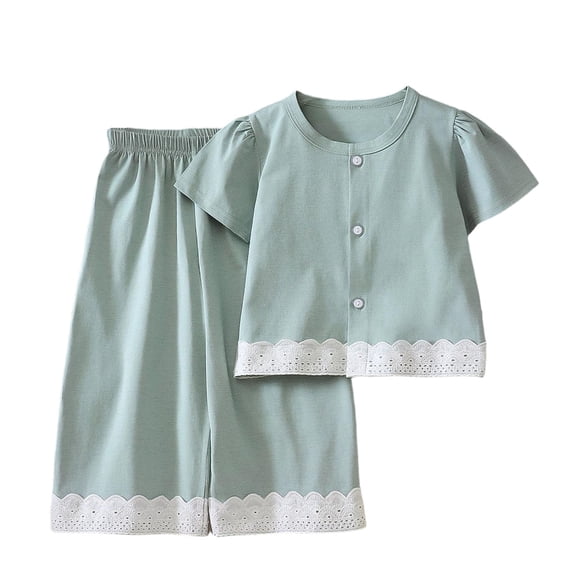 WRKEKC Girls Summer Outfits Solid Short Sleeve Pajama Set Short Sleeve Top and Long Pants Loungewear for 1-15 Years
