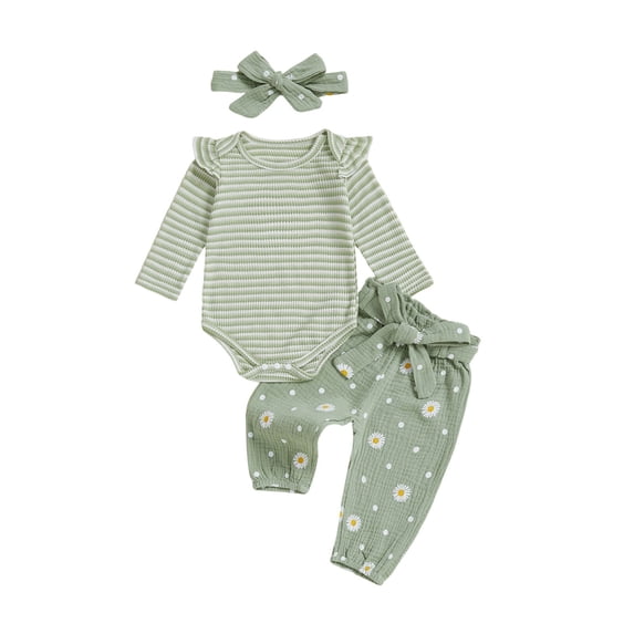 WRKEKC Girls Summer Outfits Striped Flutter Sleeve Long Sleeve Round Neck Romper Daisy Print Pants Set 0-2 Years