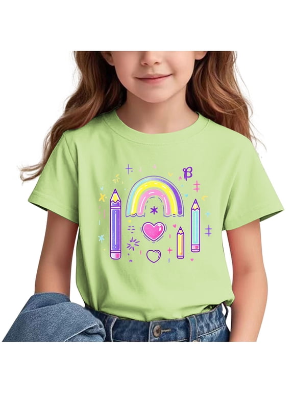 Girls Summer T-Shirts, Casual T-Shirts for Girls, Little Girls Summer Printed Pattern Short Sleeve Back Of School Season Round Neck Casual T-Shirts