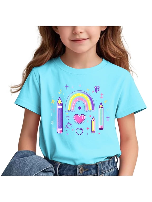 Girls Summer T-Shirts, Casual T-Shirts for Girls, Little Girls Summer Printed Pattern Short Sleeve Back Of School Season Round Neck Casual T-Shirts
