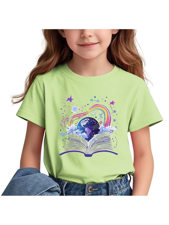 Girls Summer T-Shirts, Casual T-Shirts for Girls, Little Girls Summer Printed Pattern Short Sleeve Back Of School Season Round Neck Casual T-Shirts