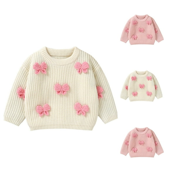 WRKEKC Girls Sweater Crewneck Cute Bow Applique Sweater Long Sleeve Soft Pullover with Ribbed Feminine Style for 6M - 3Y Toddlers Fall Winter