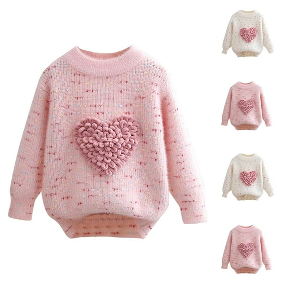 WRKEKC Girls Sweater Crewneck Thickened Fleece Lined Heart Pattern Knit Sweater with Speckled Ribbed Long Sleeve Cozy Pullover for 3 - 8 Years Girls Fall Winter