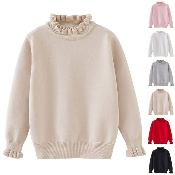 WRKEKC Girls Sweater Kids Sweater Ruffled Mock Neck Long Sleeve Thick Warm Soft Cozy Casual Knit Sweater Base Layer for 1-12Y Girls Winter Fall Everyday Wear
