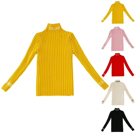 WRKEKC Girls Sweater Turtleneck Long Sleeve Thickened Rib Knit Letter Embellished Solid Color Kids Sweater 3-11 Years Warm Stretchable Fall Winter Knitwear
