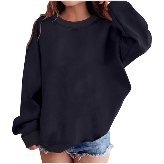 WRKEKC Girls Sweatshirts Casual Drop Shoulder Crewneck Solid Color Ribbed Cuffs Soft Warm Cozy Thickened Long Sleeve Pullover for Fall Winter 2-12 Years