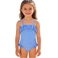 thumbnail image 1 of WRKEKC Girls Swimsuit Blue White Stripe Ruffled Trim One Piece Bathing Suit 4-8 Years, 1 of 9