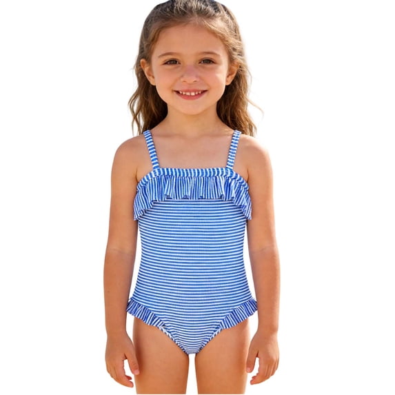 WRKEKC Girls Swimsuit Blue White Stripe Ruffled Trim One Piece Bathing Suit 4-8 Years